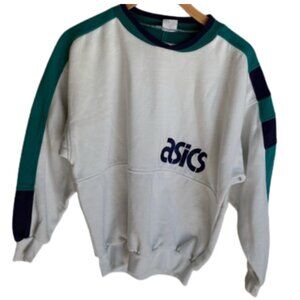 Asics Vintage ColorBlock Spell Out White Teal Navy Crewneck Sweatshirt Size M